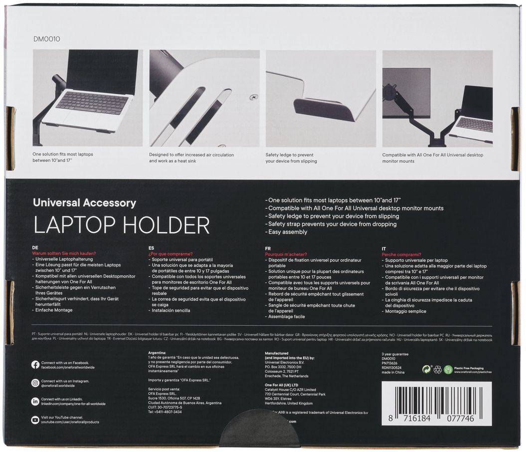 Support pour ordinateur portable - ONE FOR ALL - Vesa 75 - 10 a 17'' max - 9 kgs max - Rebord et sangle de sécurité