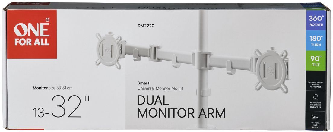 Support moniteur Smart - ONE FOR ALL - Vesa 100 - Double Bras - 13 et 32'' - 8kgs max - Hauteur réglable - Blanc