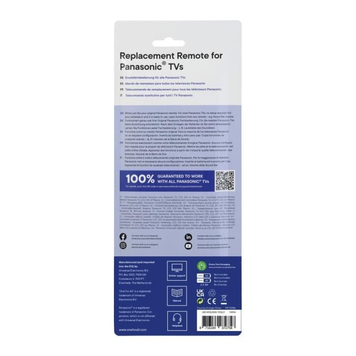 ONE FOR ALL URC4914 - Télécommande de remplacement pour TV Panasonic