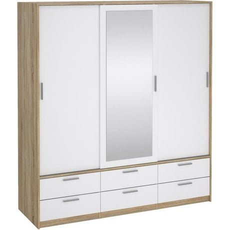Armoire - Décor Blanc et chene  + miroir - 3 portes coulissantes - 6 tiroirs - L181,4 x P60,25 x H200 cm - ONTARIO
