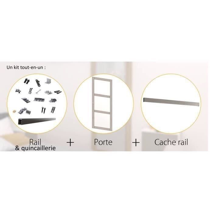 OPTIMUM - Kit porte coulissante 3 carreaux + rail + bandeau Bilbao - H.204xL.83xP.4 cm - Chene gris clair
