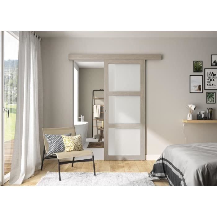 OPTIMUM - Kit porte coulissante 3 carreaux + rail + bandeau Vérone - H.204 x L.83 x P.4 cm - Chene taupe