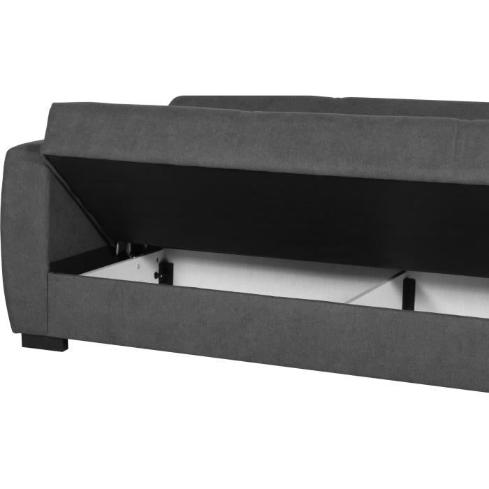 Canapé convertible 3 places - OSCAR - Tissu gris clair - 2 coussins - Coffre de rangement -  226 x 84 x 92 cm