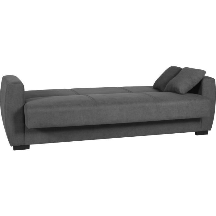 Canapé convertible 3 places - OSCAR - Tissu gris clair - 2 coussins - Coffre de rangement -  226 x 84 x 92 cm