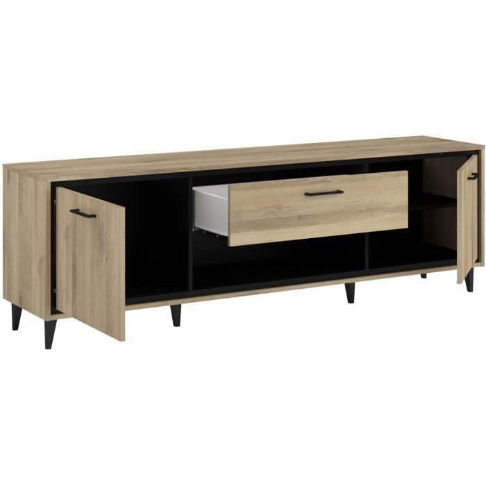 Meuble TV 2 portes et 1 tiroir - OSTARA - Chene / Noir - 179,9 x 39,8 x 56,9 cm - PARISOT