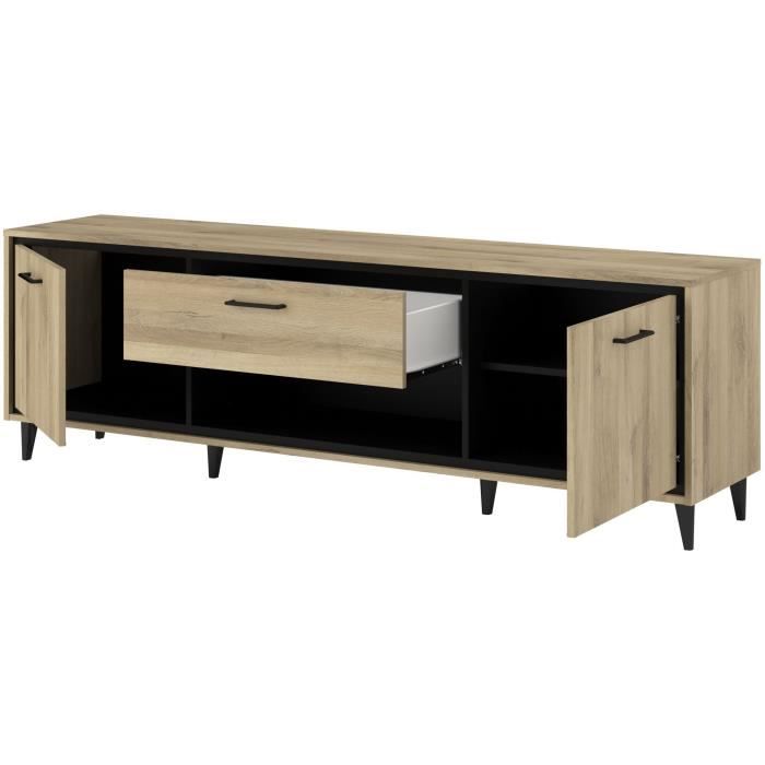Meuble TV 2 portes et 1 tiroir - OSTARA - Chene / Noir - 179,9 x 39,8 x 56,9 cm - PARISOT