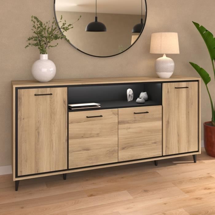 Enfilade avec leds - OSTARA - Chene / Noir -  4 portes et 1 niche - PARISOT