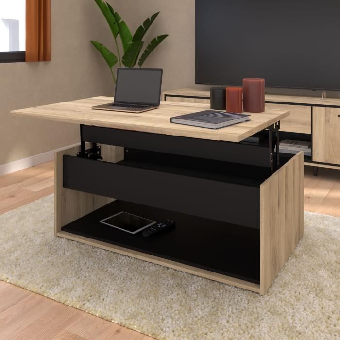 Table basse relevable - OSTARA - Rectangulaire - Chene / Noir - Relevable - 110 x 65 x 45/67,2 cm
