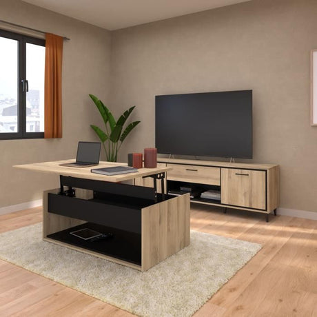 Table basse relevable - OSTARA - Rectangulaire - Chene / Noir - Relevable - 110 x 65 x 45/67,2 cm