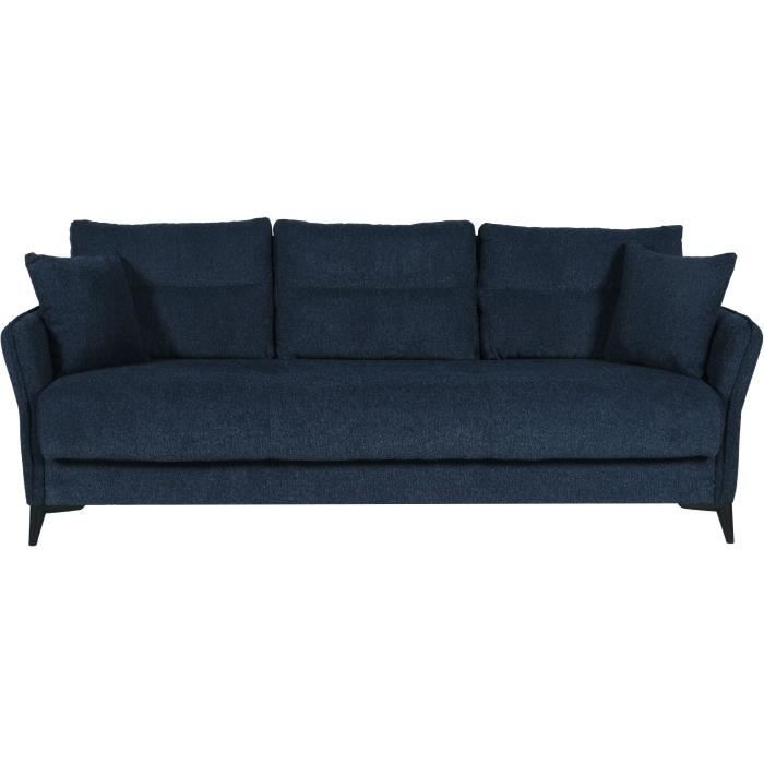 Canapé convertible 3 places  - OTTOWA - Tissu bleu foncé - 2 coussins - Coffre de rangement -  217 x 92 x 85 cm