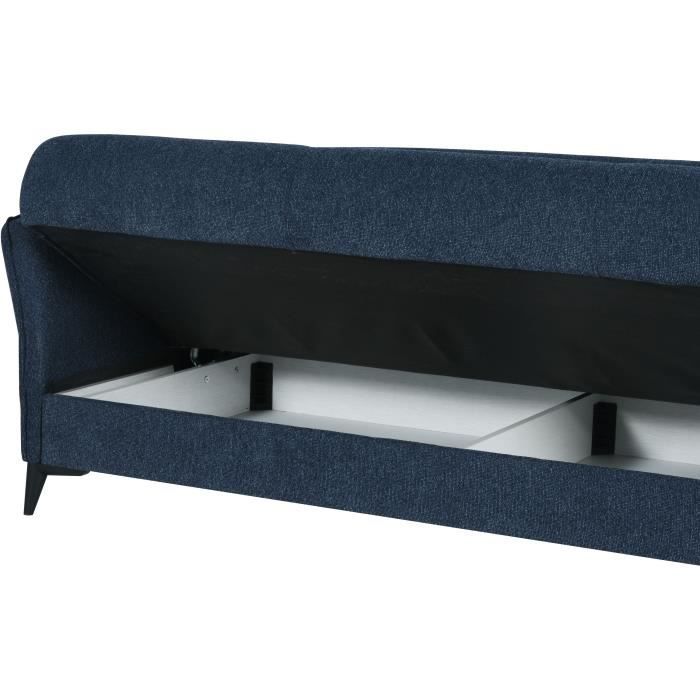 Canapé convertible 3 places  - OTTOWA - Tissu bleu foncé - 2 coussins - Coffre de rangement -  217 x 92 x 85 cm
