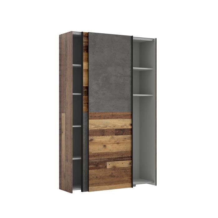 Armoire 2 portes coulissantes multifonction - Panneaux de particules - Bois et béton gris - L 120 x P 41,6 x H 190,5 cm - OZZULA