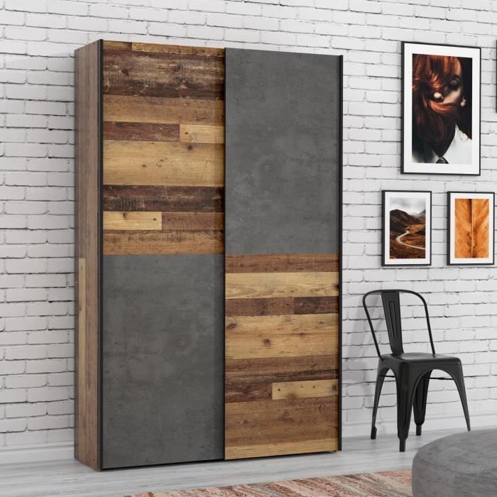 Armoire 2 portes coulissantes multifonction - Panneaux de particules - Bois et béton gris - L 120 x P 41,6 x H 190,5 cm - OZZULA