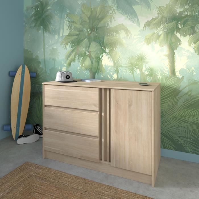 Commode ESCALE - 3 tiroirs - 1 porte - Décor chene -  L 109,8 x H 76,8 x P 50 cm