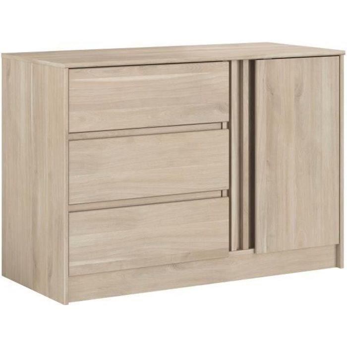 Commode ESCALE - 3 tiroirs - 1 porte - Décor chene -  L 109,8 x H 76,8 x P 50 cm