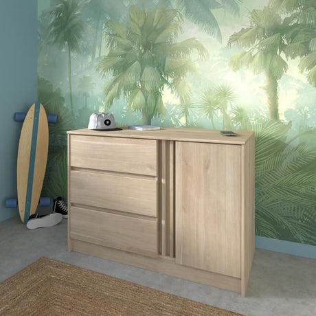 Commode ESCALE - 3 tiroirs - 1 porte - Décor chene -  L 109,8 x H 76,8 x P 50 cm