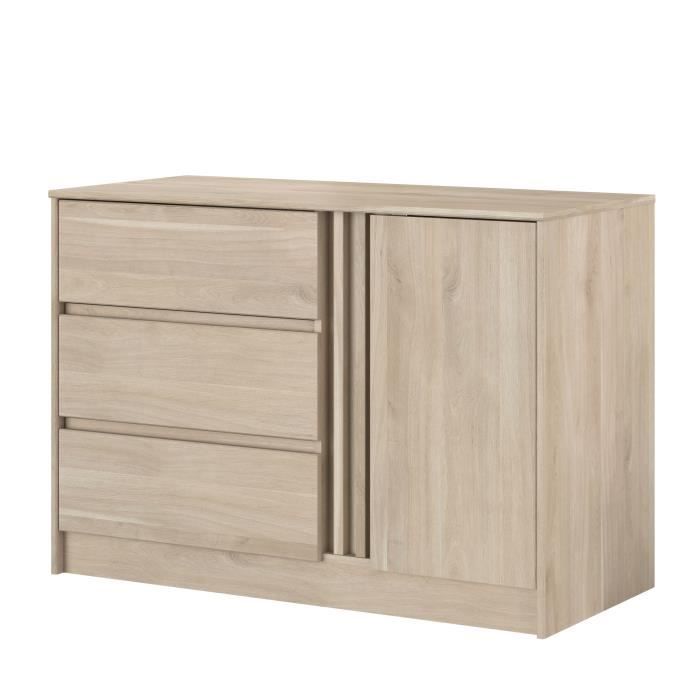Commode ESCALE - 3 tiroirs - 1 porte - Décor chene -  L 109,8 x H 76,8 x P 50 cm