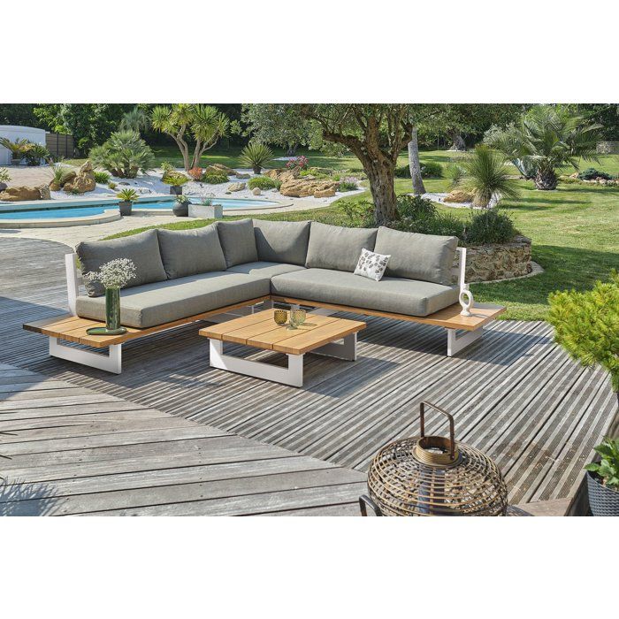 Salon de jardin - Blanc - Aluminium et plateau imitation bois - 5 places - Lavezzi