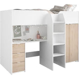 Lit combinÈ mezzanine enfant - TOM - Blanc et chene - Armoire, bureau et sommier inclus