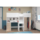 Lit combinÈ mezzanine enfant - TOM - Blanc et chene - Armoire, bureau et sommier inclus