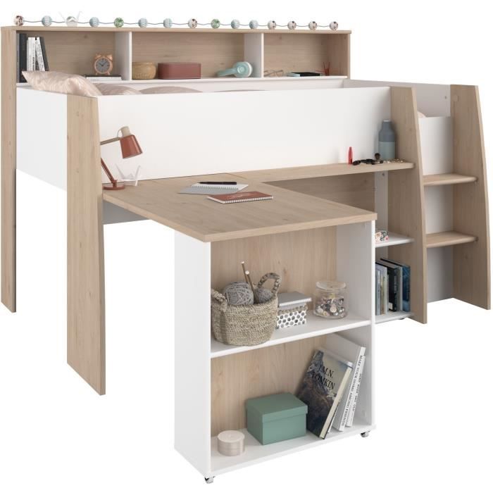 PARISOT Lit combinÈ enfant avec bureau rÈtractable - DÈcor blanc et chene - 90x 200 cm - Sommier inclus -THEO