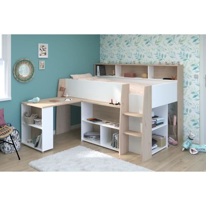 PARISOT Lit combinÈ enfant avec bureau rÈtractable - DÈcor blanc et chene - 90x 200 cm - Sommier inclus -THEO