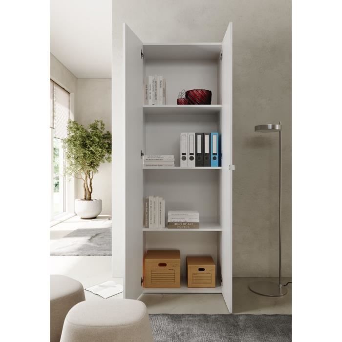 Armoire de rangement - 2 portes - 3 étageres - Blanc laqué - L63 x P35 x H184 cm - PARIGI