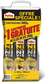 Colle de fixation - PATTEX - Ni Clou Ni Vis - Extra Fort - Cartouche de 380g - Lot de 2 + 1 gratuit