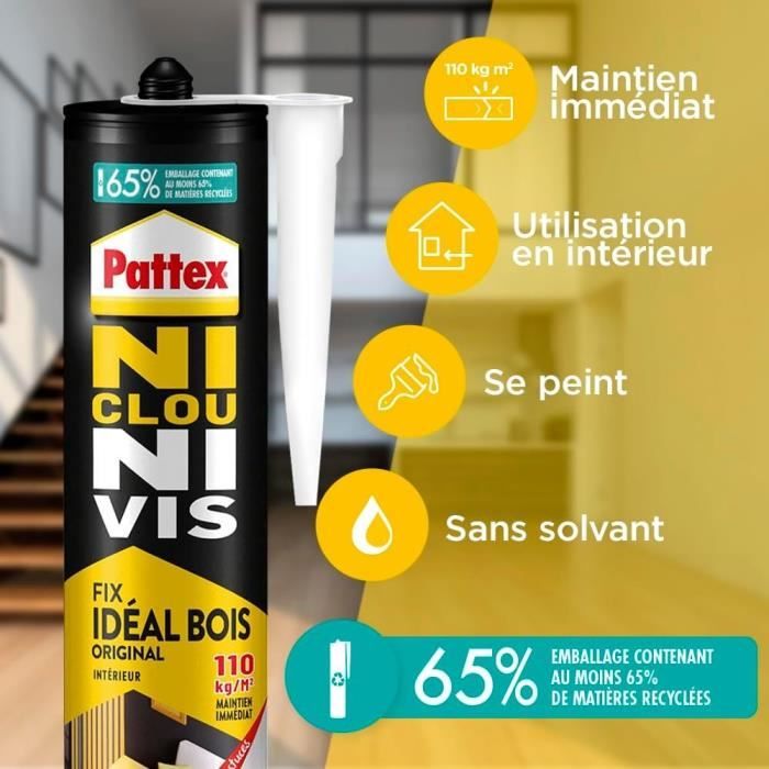 PATTEX Ni clou ni vis Fix IdÈal Bois- Lot de 2 cartouches 380g + 1 gratuite