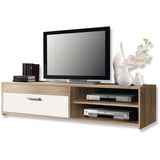 Meuble TV PILVI - Style contemporain - Particules mélaminé - Décor Chene et blanc - 1 Abattant + 2 niches - L 120 x P 42 x H 32 cm