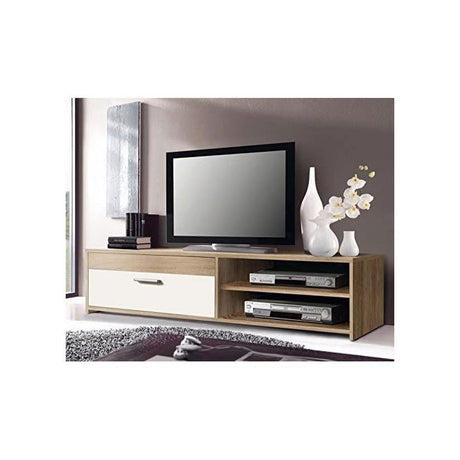 Meuble TV PILVI - Style contemporain - Particules mélaminé - Décor Chene et blanc - 1 Abattant + 2 niches - L 120 x P 42 x H 32 cm