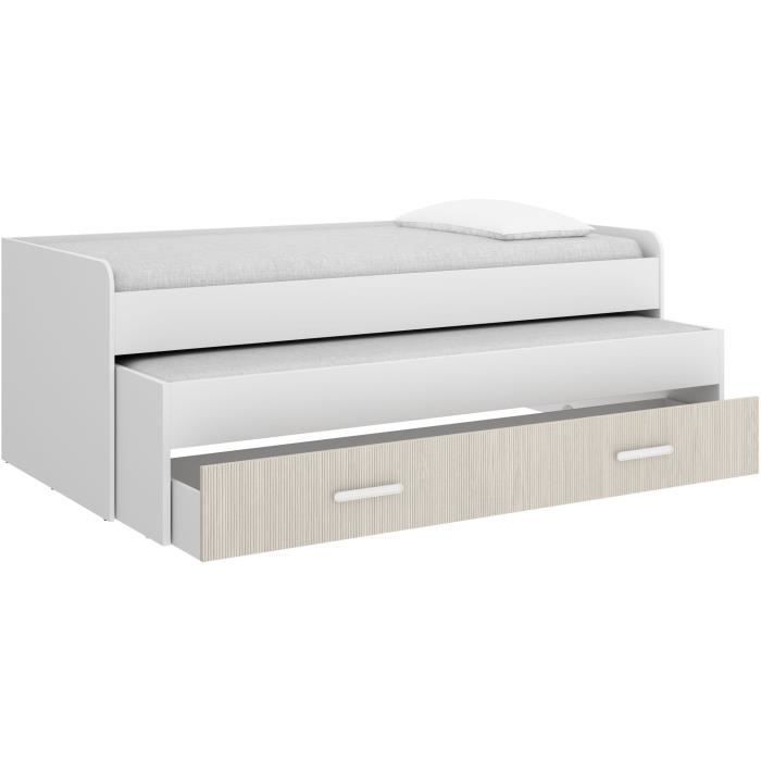 Lit gigogne - PEMA -  90 x 200 cm - Blanc / imitation lamelles