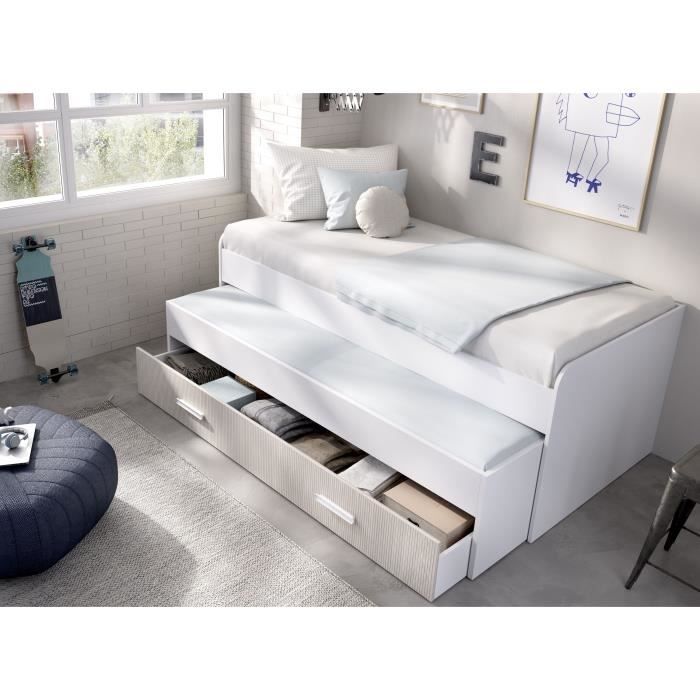 Lit gigogne - PEMA -  90 x 200 cm - Blanc / imitation lamelles