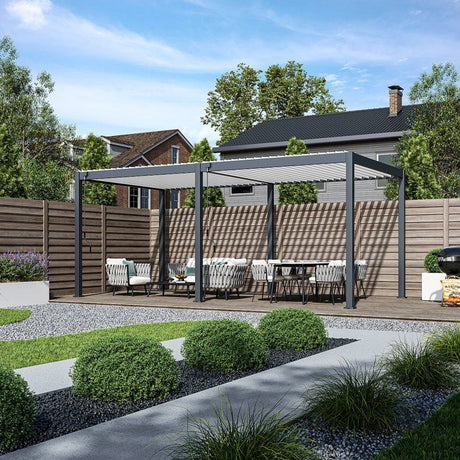 Pergola bioclimatique - 3 x 6 m - 18 m˛ - Structure aluminium anthracite et lames toiture acier blanches