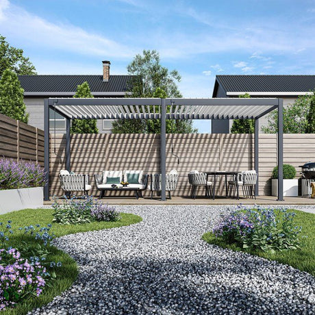 Pergola bioclimatique - 3 x 6 m - 18 m˛ - Structure aluminium anthracite et lames toiture acier blanches