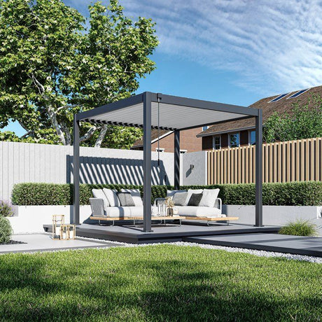 Pergola bioclimatique - 3 x 3 m - 9 m˛ - Structure aluminium anthracite et lames toiture acier blanches