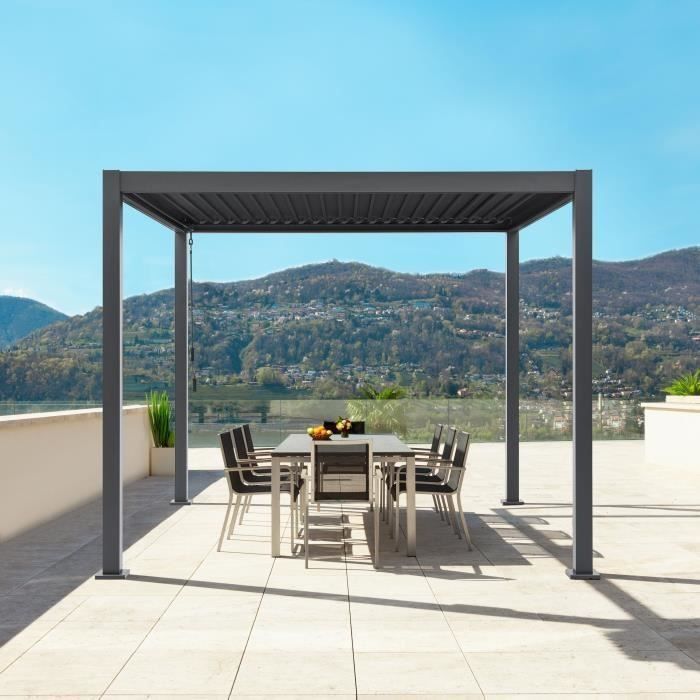 Pergola bioclimatique - GAYA - Structure en aluminium et en acier - Gris - 3 x 3 m