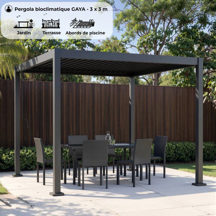 Pergola bioclimatique - GAYA - Structure en aluminium et en acier - Gris - 3 x 3 m
