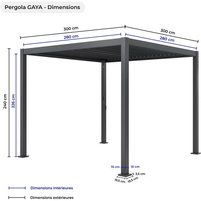 Pergola bioclimatique - GAYA - Structure en aluminium et en acier - Gris - 3 x 3 m
