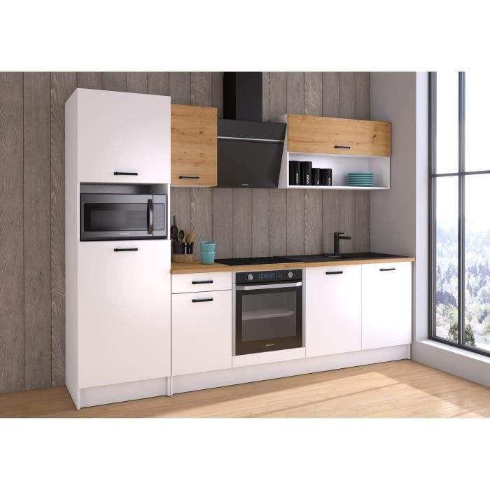 Cuisine complete PREGO - L 263 cm - DÈcor Blanc et Chene - Plan de travail 203 cm inclus