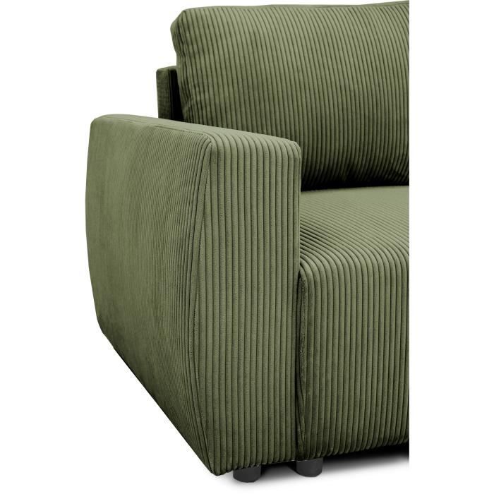 Canapé d'angle convertible réversible 3 / 4 places - PHARELL - Tissu velours côtelé Kaki - Coffre - 224 x 155 x 85 cm