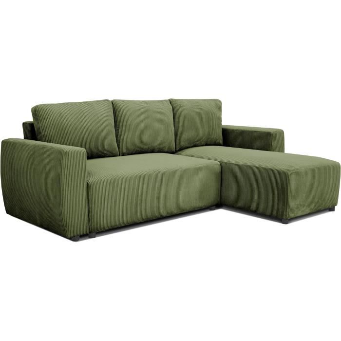 Canapé d'angle convertible réversible 3 / 4 places - PHARELL - Tissu velours côtelé Kaki - Coffre - 224 x 155 x 85 cm