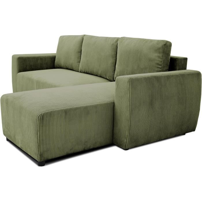 Canapé d'angle convertible réversible 3 / 4 places - PHARELL - Tissu velours côtelé Kaki - Coffre - 224 x 155 x 85 cm