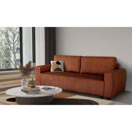 Canapé convertible - 3 places - PHARELL - Tissu Velours côtelé Terracotta - Coffre - 231 x 84 x 91 cm