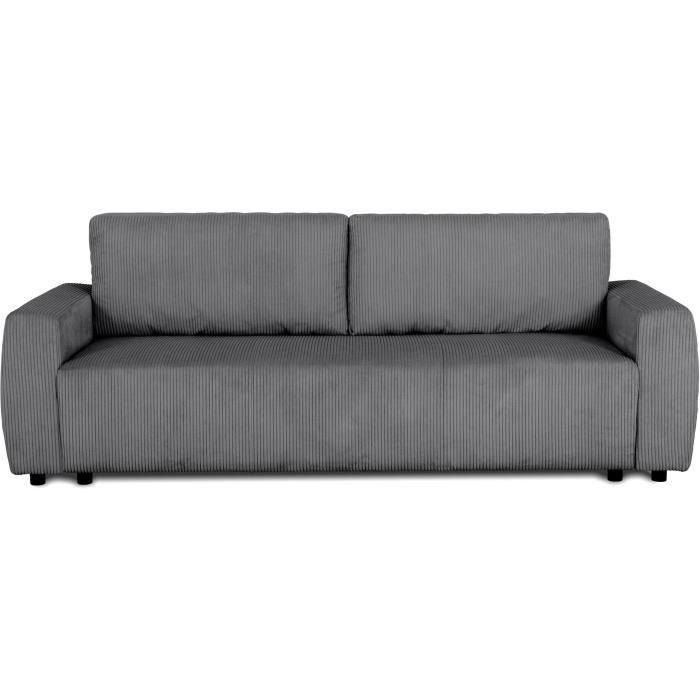 Canapé convertible - 3 places - PHARELL - Tissu Velours côtelé Anthracite - Coffre - 231 x 84 x 91 cm