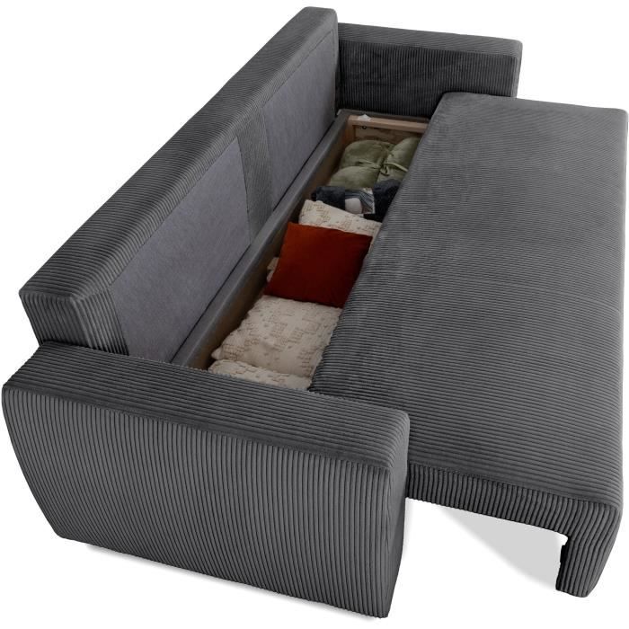 Canapé convertible - 3 places - PHARELL - Tissu Velours côtelé Anthracite - Coffre - 231 x 84 x 91 cm