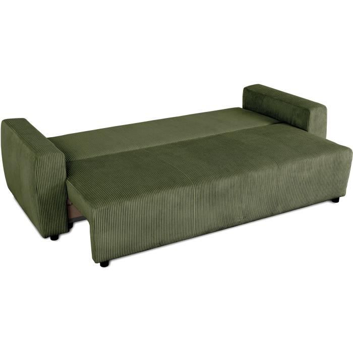 Canapé convertible - 3 places - PHARELL - Tissu Velours côtelé Kaki - Coffre - 231 x 84 x 91 cm
