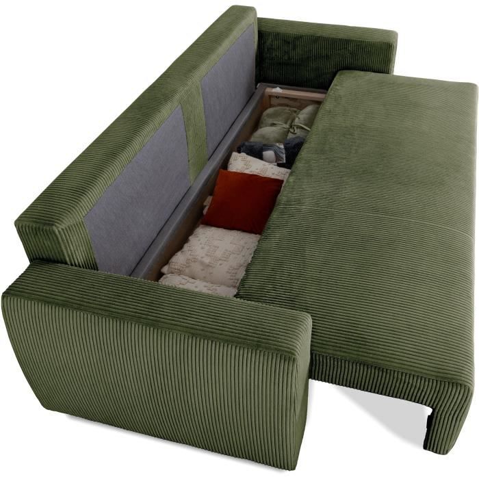 Canapé convertible - 3 places - PHARELL - Tissu Velours côtelé Kaki - Coffre - 231 x 84 x 91 cm