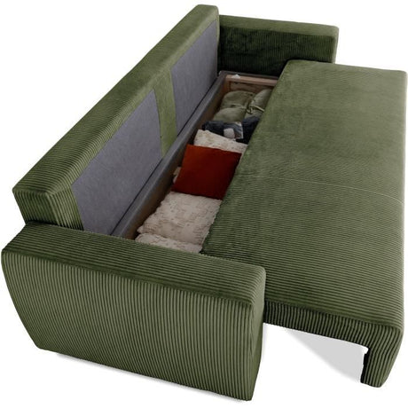 Canapé convertible - 3 places - PHARELL - Tissu Velours côtelé Kaki - Coffre - 231 x 84 x 91 cm