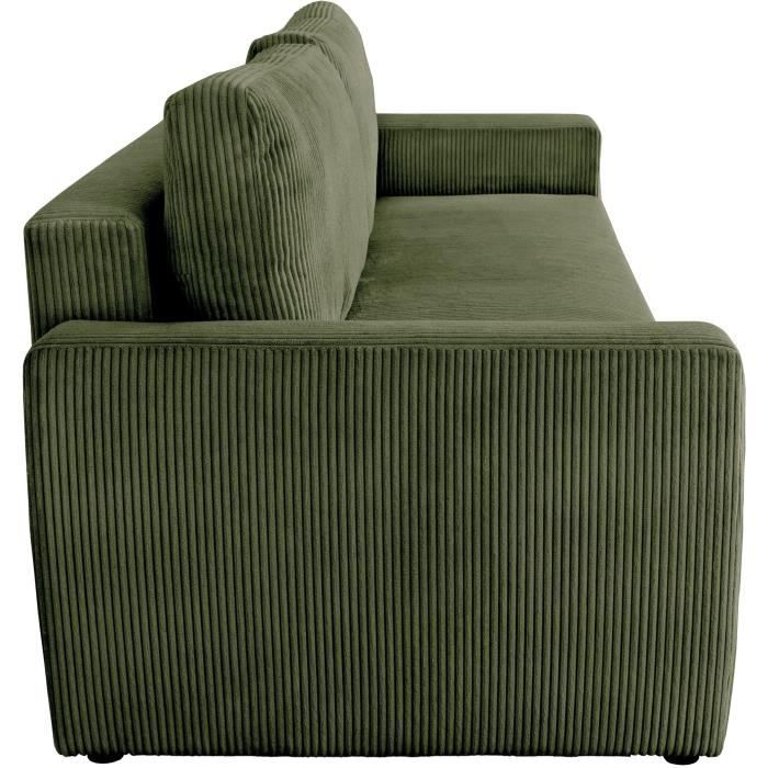 Canapé convertible - 3 places - PHARELL - Tissu Velours côtelé Kaki - Coffre - 231 x 84 x 91 cm